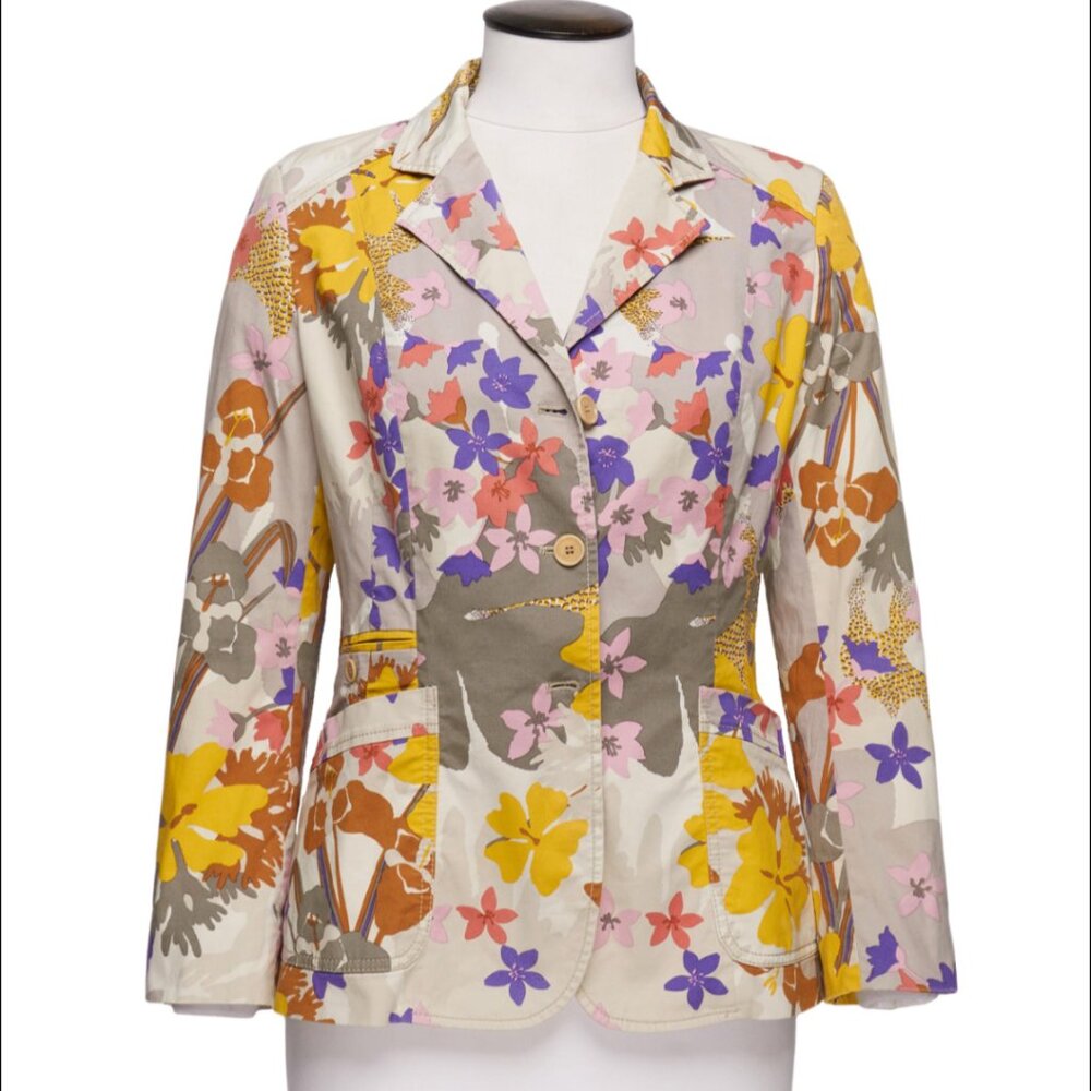 Etro Milano Vintage Women's Floral Abstract Spring Leather Cotton Blazer 42/M